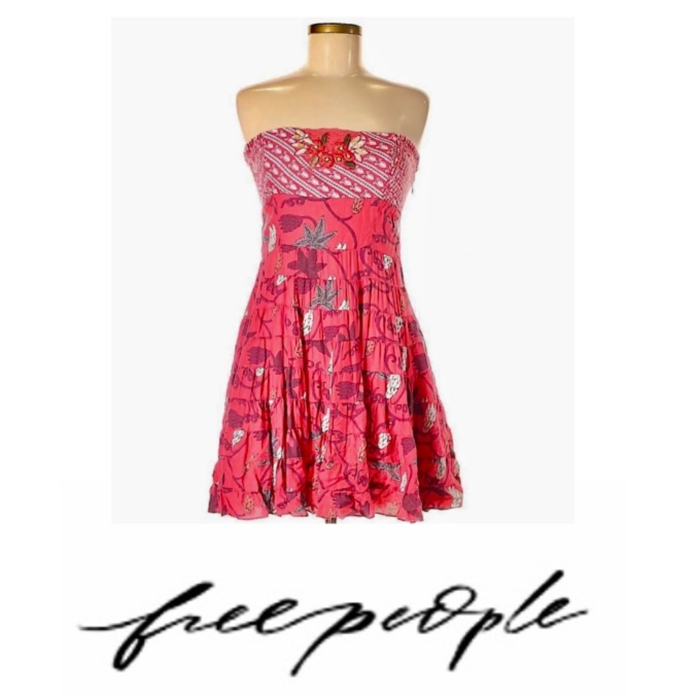 Free People Floral Beaded Strapless Tiered Bohemian Dress Size 4